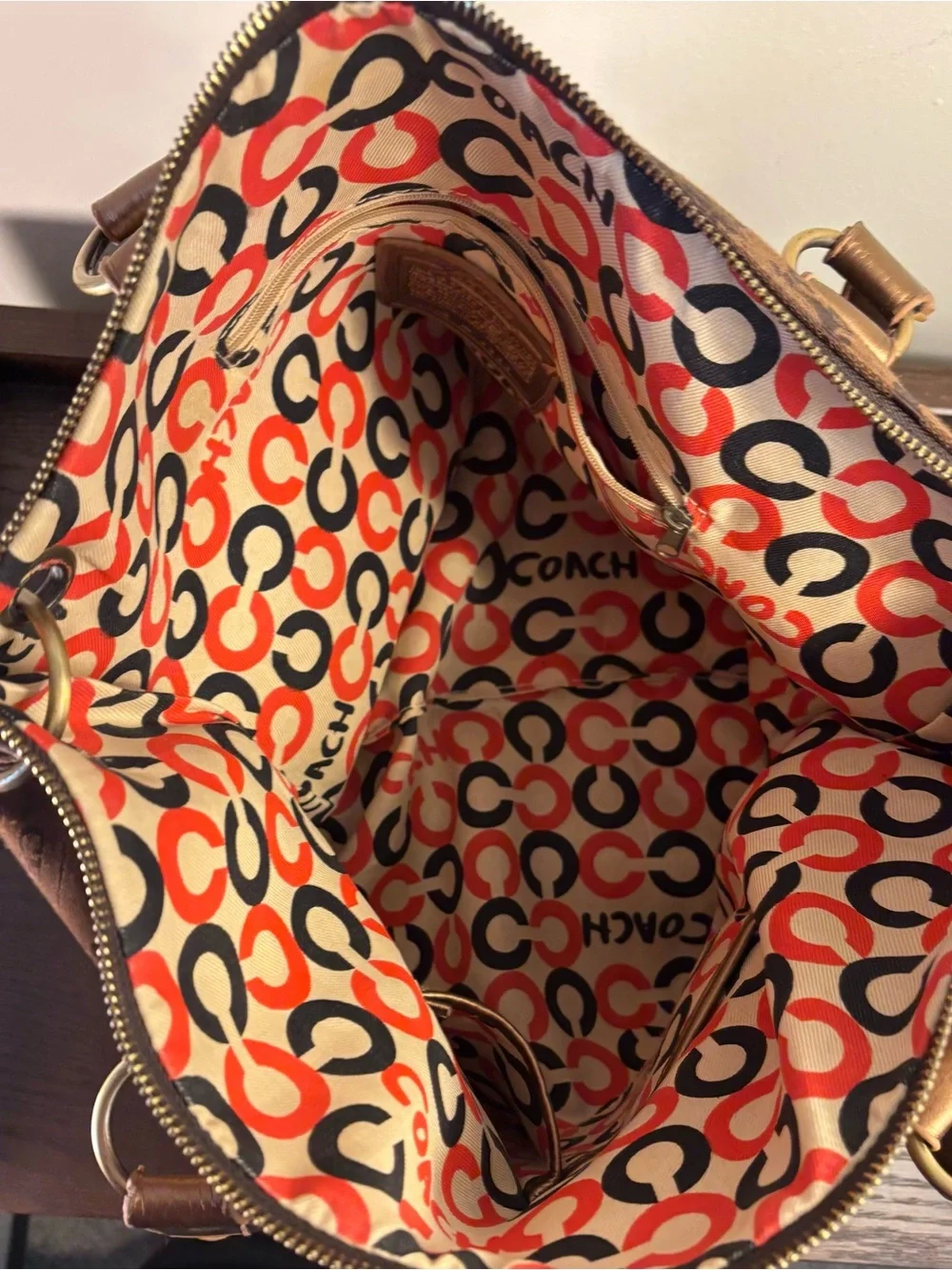 Coach Brown Signature Logo Tote with Metallic Bronze Trim